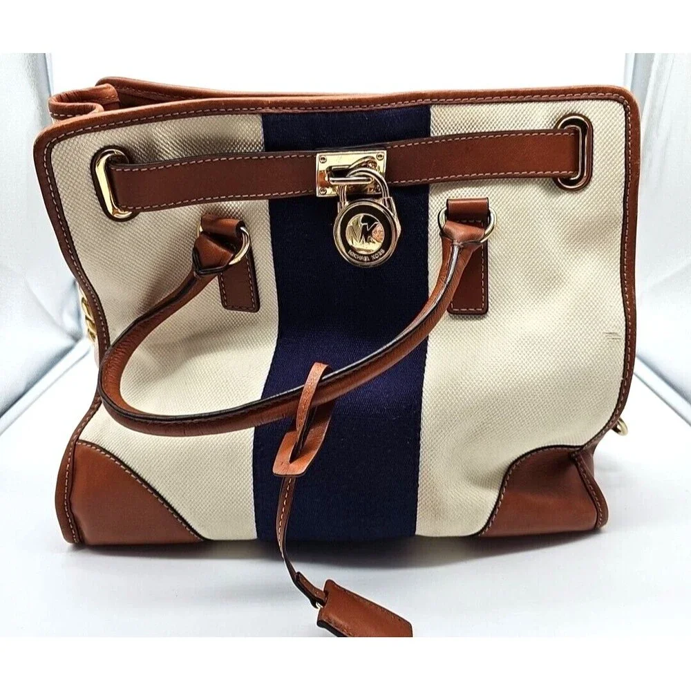 Michael Kors Hamilton Purse Tote Bag Tri-Color  Large Fabric Leather Padlock